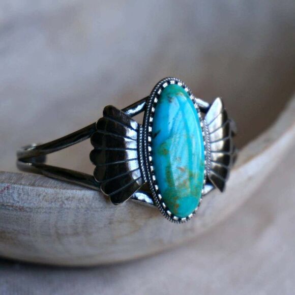 Native American Turquoise Winged Abedabun Sterling Silver Cuff Bracelet in Gift - Picture 2 of 14